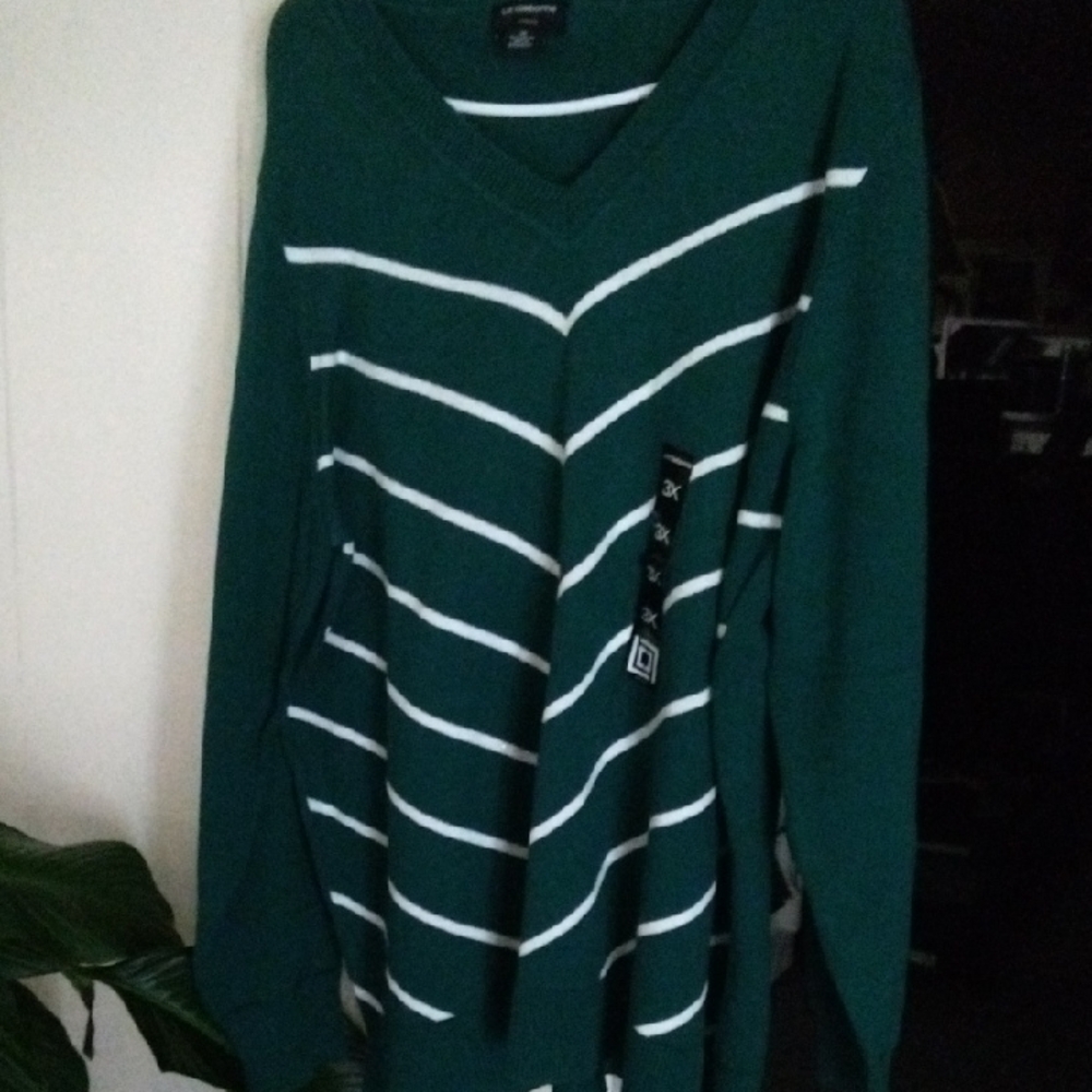 Liz Claiborne Green and White Striped V-Neck Top